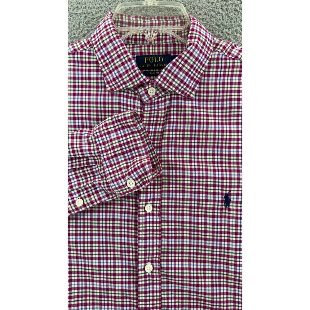 Polo Ralph Lauren Mens Slim Fit Plaid Button Down Shirt Purple Green L Large